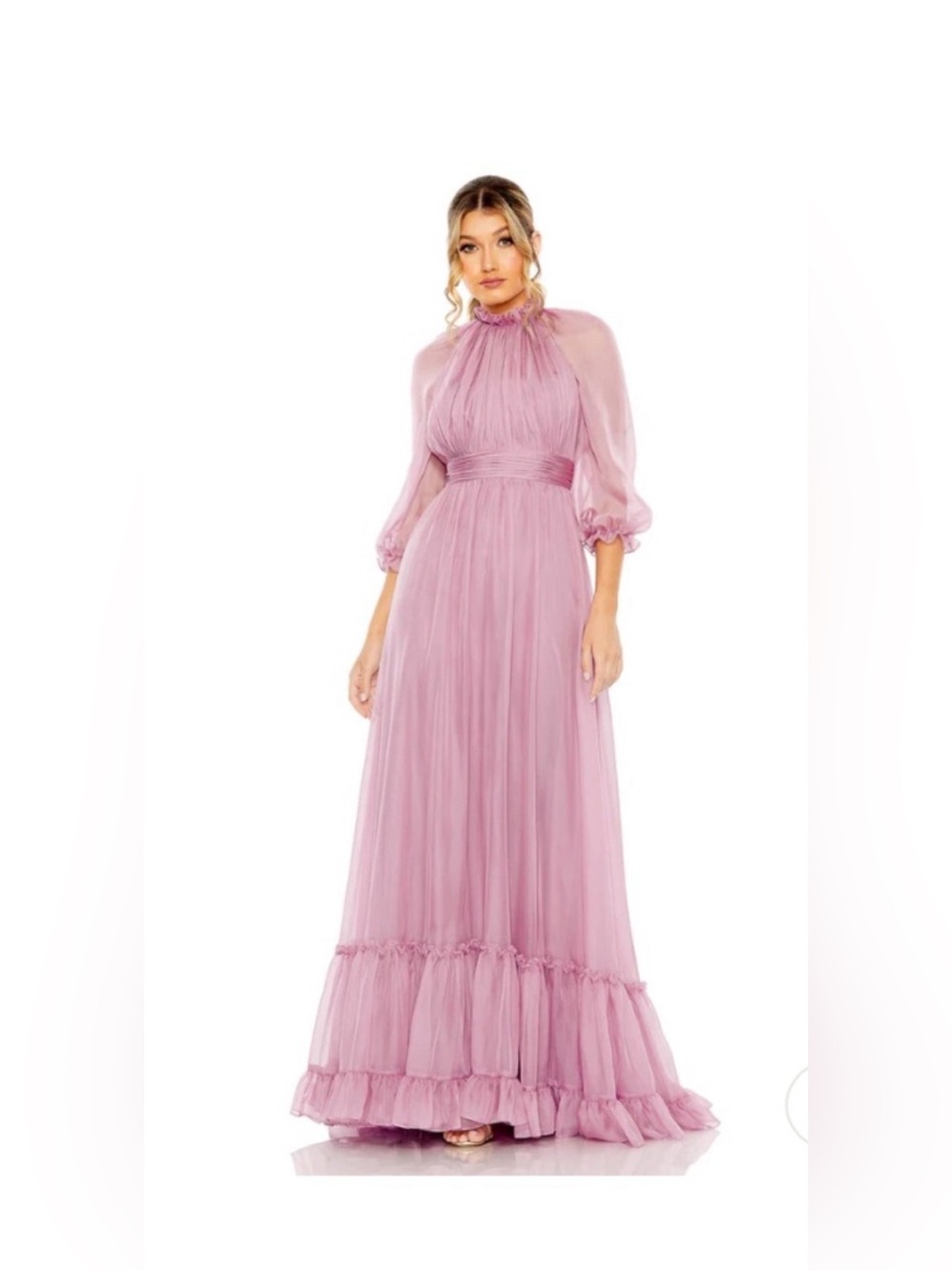 MAC DUGGAL CHIFFON RUCHED ILLUSION RAGLAN SLEEVE RUFFLED GOWN